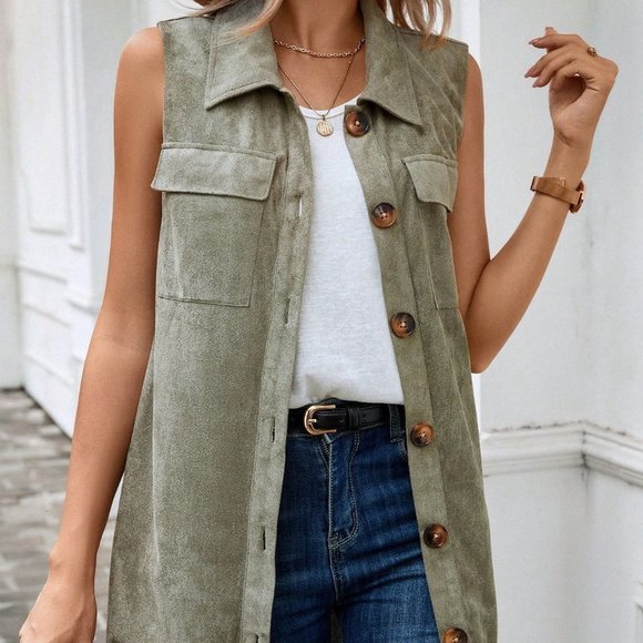 . Jackets & Blazers - Army Green Casual Womens Flap Pocket Button Front Vest Coat